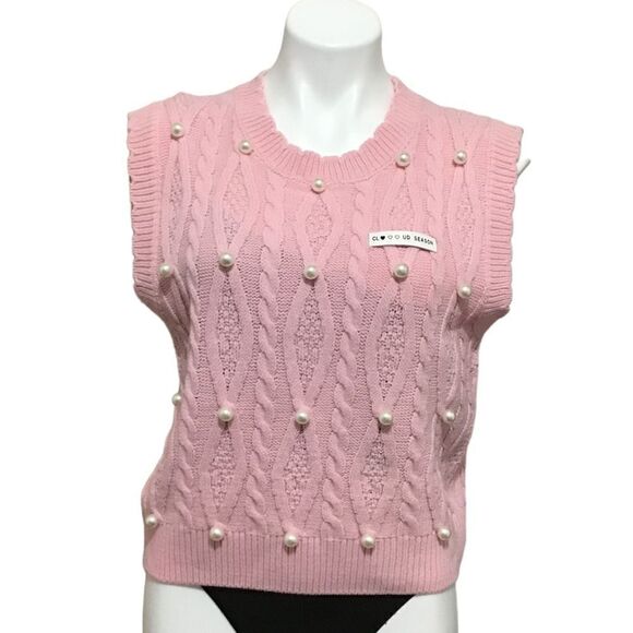Cloud Season Pink Knit Pearl Embellished Sleeveless Sweater Vest Size Small - Picture 1 of 10